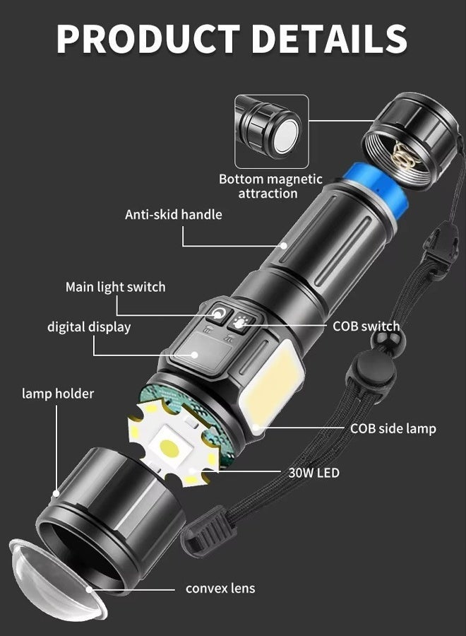 JACIRCLE Rechargeable LED Flashlight with LCD Digital Display Zoom High Lumen Flashlight with Magnetic, Waterproof, Bright Portable Tactical Flash Light for Camping, Hiking, Home Emergency USB Charging Cable - Image 4
